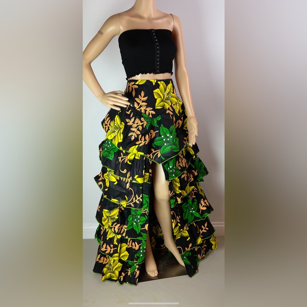 Handmade Green Multicolor Layered Ruffle Floral Print High Slit Maxi Skirt